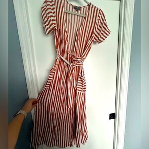 J Lee v neck wrap orange stripe midi dress deep pockets short sleeve size s